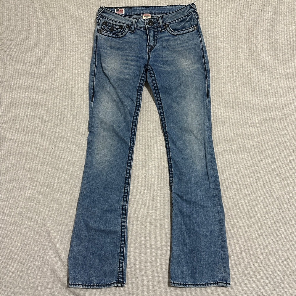 True Religion Becky Super T Bootcut Jeans Blue Black Stitch Size 28 Made in USA